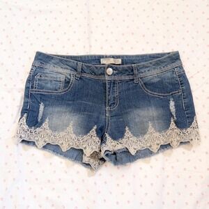 y2k dollhouse lace trim denim shorts dark wash coquette